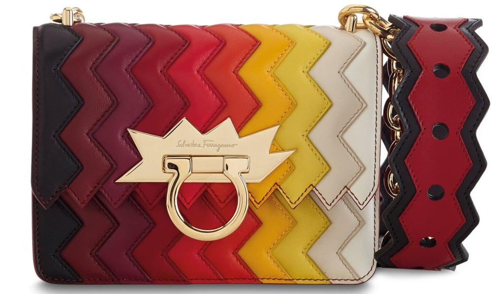 Add the zigzag fur charm to the multicolour zigzag pattern rainbow bag and matching strap for a fun touch. Bag: HK$12,500; Charm: HK$3,950