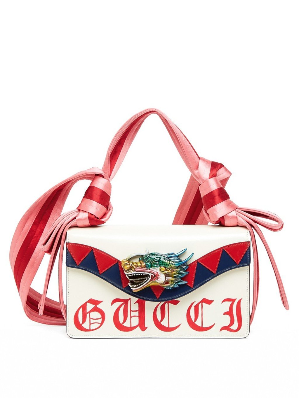 Apart from the multicolour enamelled dragon head closure, the pink and red silk satin shoulder strap and top handle certainly steal the limelight, HK$31,900