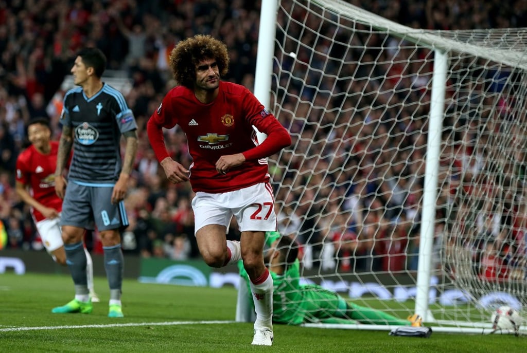 Manchester United’s Marouane Fellaini celebrates scoring their early goal. Photo: EPA