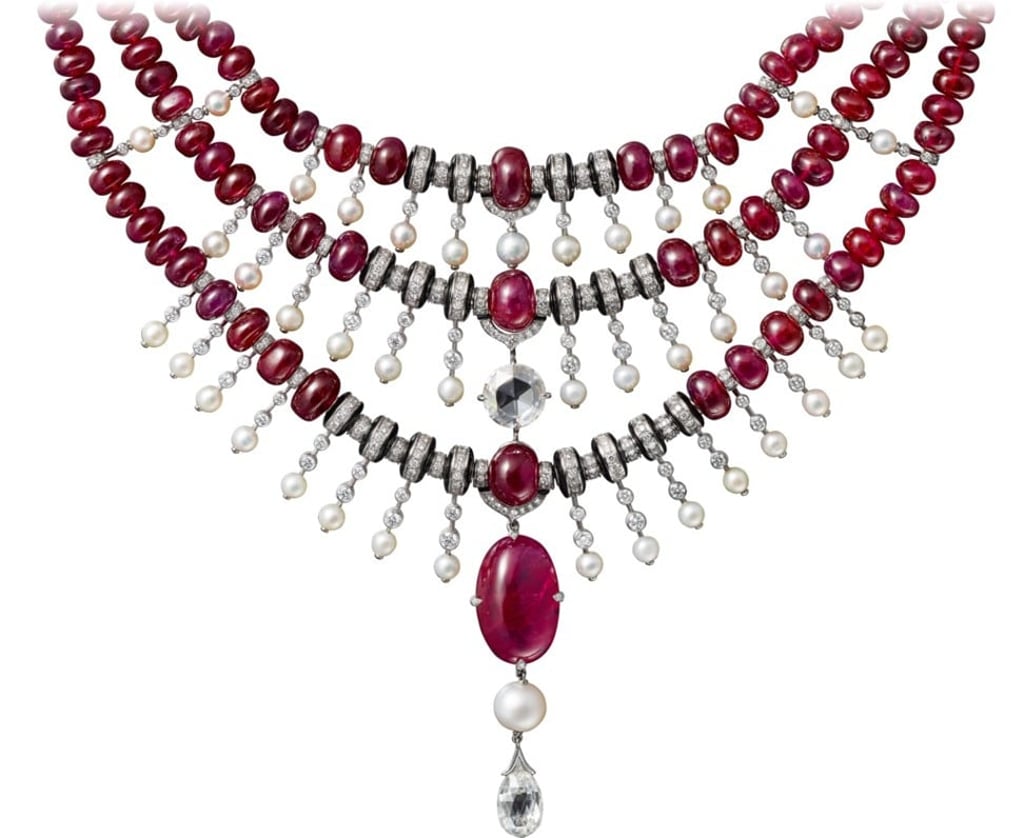 Cartier Magicien High jewellery necklace Platinum, rubies, natural pearls, onyx, diamonds
