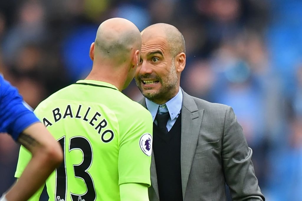 Manchester City manager Pep Guardiola (right) shares a moment with his goalkeeper Willy Caballero. Photo: AFP Manchester City manager Pep Guardiola (right) shares a moment with his goalkeeper Willy Caballero. Photo: AFP