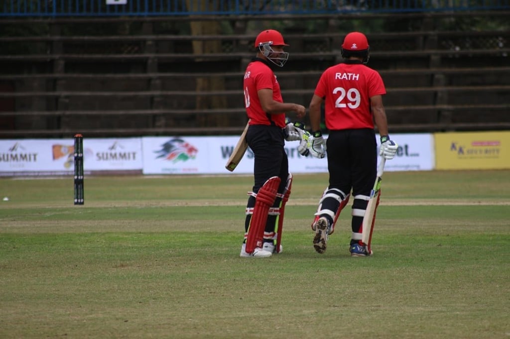Anshuman Rath comes out to bat for Hong Kong. Photo: Cricket Hong Kong