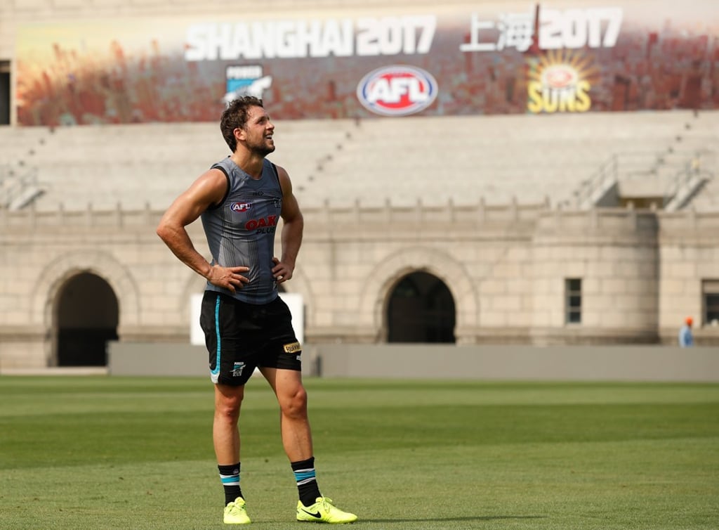Port Adelaide captain Travis Boak trains at Shanghai’s Jiangwan Stadium. Photo: AFL Media