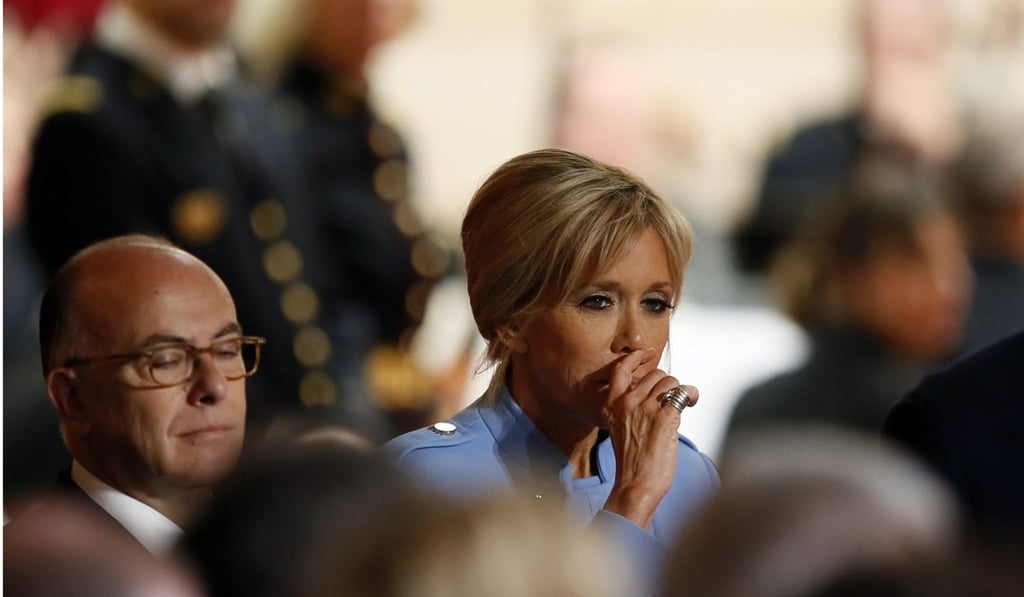 Macron's wife Brigitte listening to her husband’s speech. Photo: AP Macron's wife Brigitte listening to her husband’s speech. Photo: AP