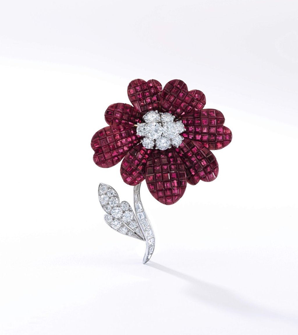 A ruby and diamond brooch by Van Cleef & Arpels goes on auction at Sotheby's sale of Magnificent Jewels and Noble Jewels