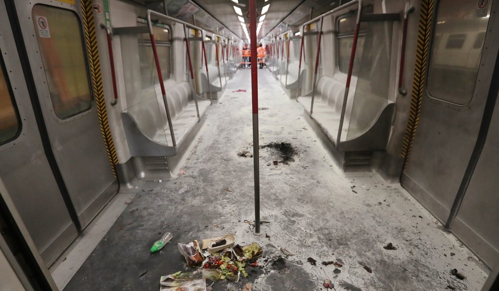 Inside a carriage on the train that caught fire. Photo: Edward Wong