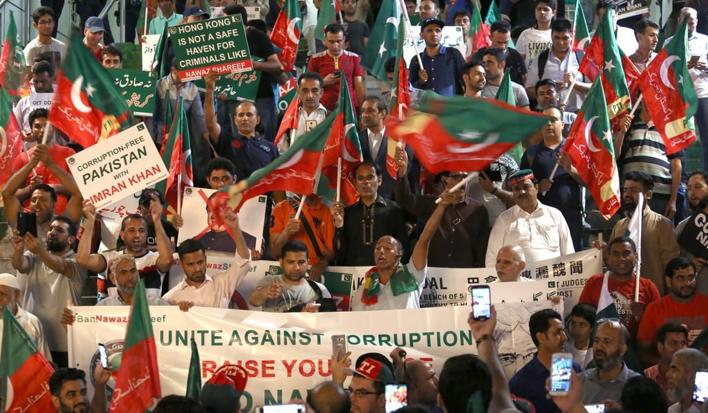 Some 200 protesters marched to demonstrate against the Pakistani leader. Photo: Jonathan Wong Some 200 protesters marched to demonstrate against the Pakistani leader. Photo: Jonathan Wong