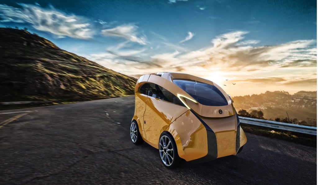 The EO car aims to save space on the road with an expandable function. The EO car aims to save space on the road with an expandable function.