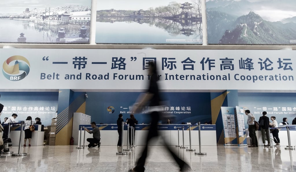Registration counters at the Belt and Road Forum at the National Convention Centre in Beijing, China last Sunday. Photo: Bloomberg Registration counters at the Belt and Road Forum at the National Convention Centre in Beijing, China last Sunday. Photo: Bloomberg