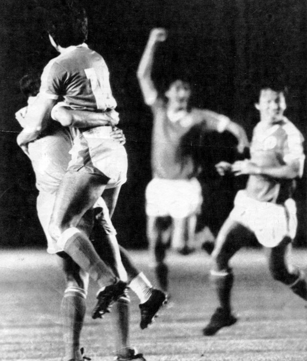 Hong Kong players celebrate after scoring the opening goal in first half of the game against China in their 1986 World Cup qualifying match. Picture: Reuters Hong Kong players celebrate after scoring the opening goal in first half of the game against China in their 1986 World Cup qualifying match. Picture: Reuters