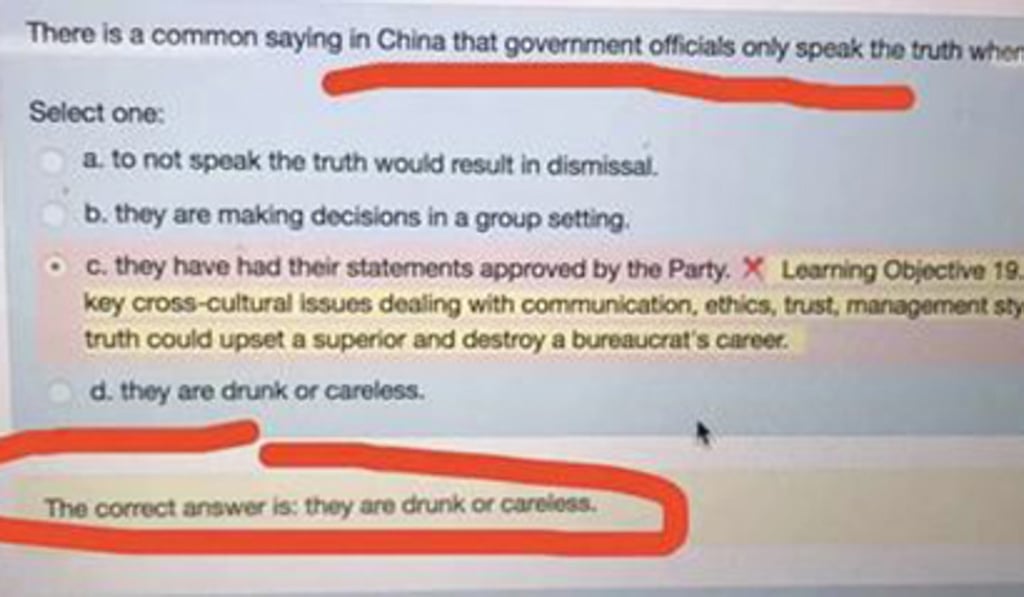 The offending question regarding Chinese officials. Photo: Handout The offending question regarding Chinese officials. Photo: Handout