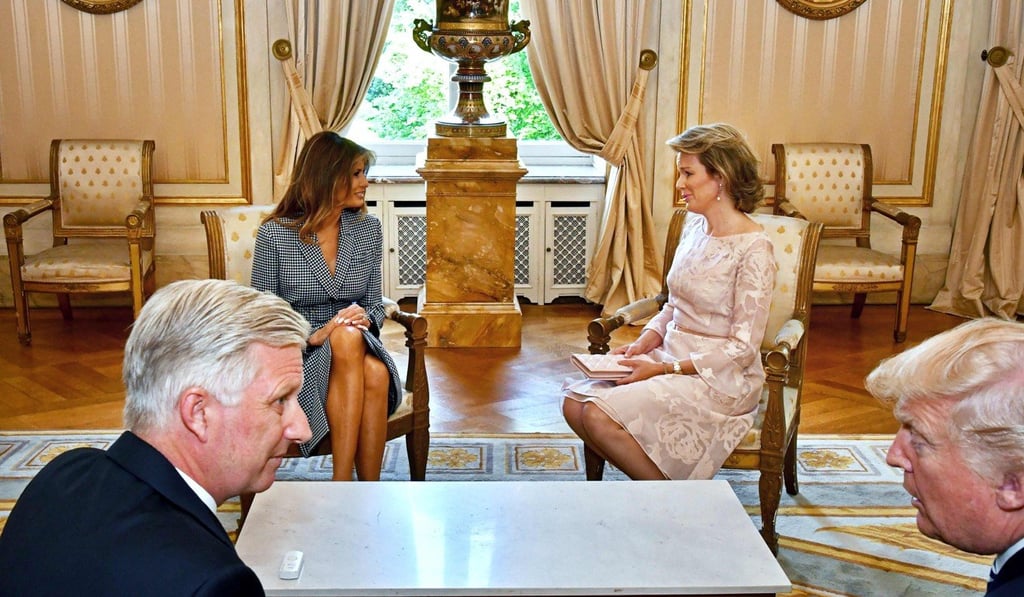 (From left) King Philippe of Belgium, First Lady of the US Melania Trump, Queen Mathilde of Belgium and US President Donald Trump, speak at a reception at the Royal Palace in Brussels, on Wednesday. Photo: AFP
