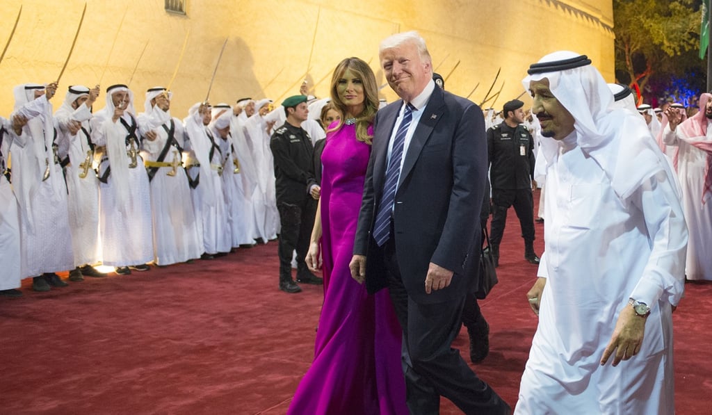 US President Donald Trump, accompanied by First Lady Melania Trump, and Saudi Arabia’s King Salman bin Abdulaziz al-Saud arrive for a reception ahead of a banquet at Murabba Palace in Riyadh. Photo: AFP