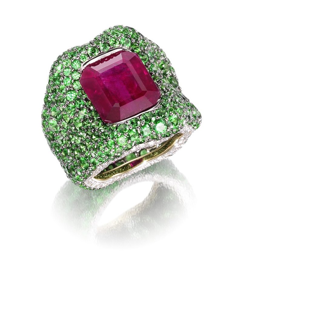 A Kenyan ruby, tsavorite garnet and diamond ring, one of the highlights of The Jewels of the World collection. The ruby weighs 10.06cts.