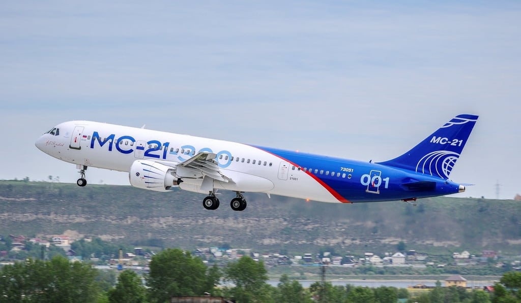An MS-21 medium-range passenger plane, produced by Irkut Corporation, takes off in Irkutsk on Sunday, in an image provided by the manufacturer. Photo: Reuters