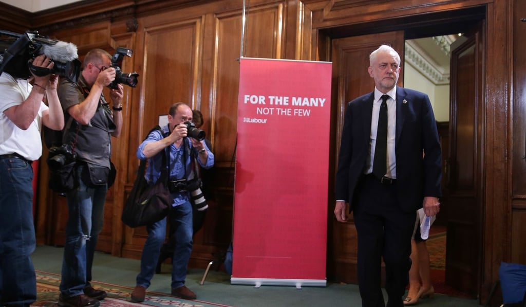 Jeremy Corbyn arrives at the hall for a general election campaign speech in central London on May 26. Photo: AFP