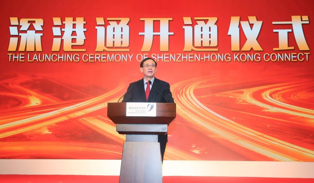 China Securities Regulatory Commission chairman Liu Shiyu said at the launch of the Shenzhen-Hong Kong stock connect programme that because of the differences between the two markets in how they operated, mainland investors need at least five to 10 years to become completely familiar with how the Hong Kong stock market works. Photo: Xinhua