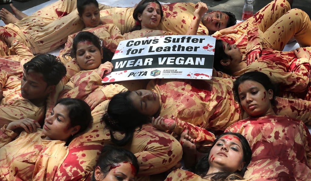 Indian activists from People for the Ethical Treatment of Animals (PETA) and volunteers dressed in blooded suits depicting the cruelty done to cows and other animals during the leather making process, attend a protest in New Delhi, India. Photo: EPA Indian activists from People for the Ethical Treatment of Animals (PETA) and volunteers dressed in blooded suits depicting the cruelty done to cows and other animals during the leather making process, attend a protest in New Delhi, India. Photo: EPA