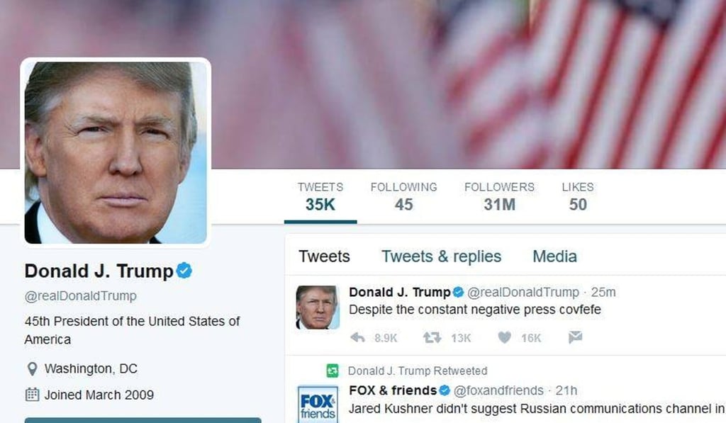 The bizarre garbled tweet that posted on Donald Trump’s personal account. Photo: Twitter The bizarre garbled tweet that posted on Donald Trump’s personal account. Photo: Twitter