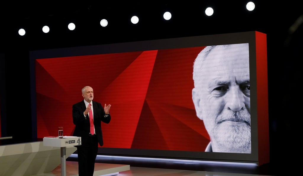 Labour leader Jeremy Corbyn answers questions from the studio audience during a joint Channel 4 and Sky News general election programme recorded at Sky studios in Osterley, west London, on Sunday. Photo: Reuters