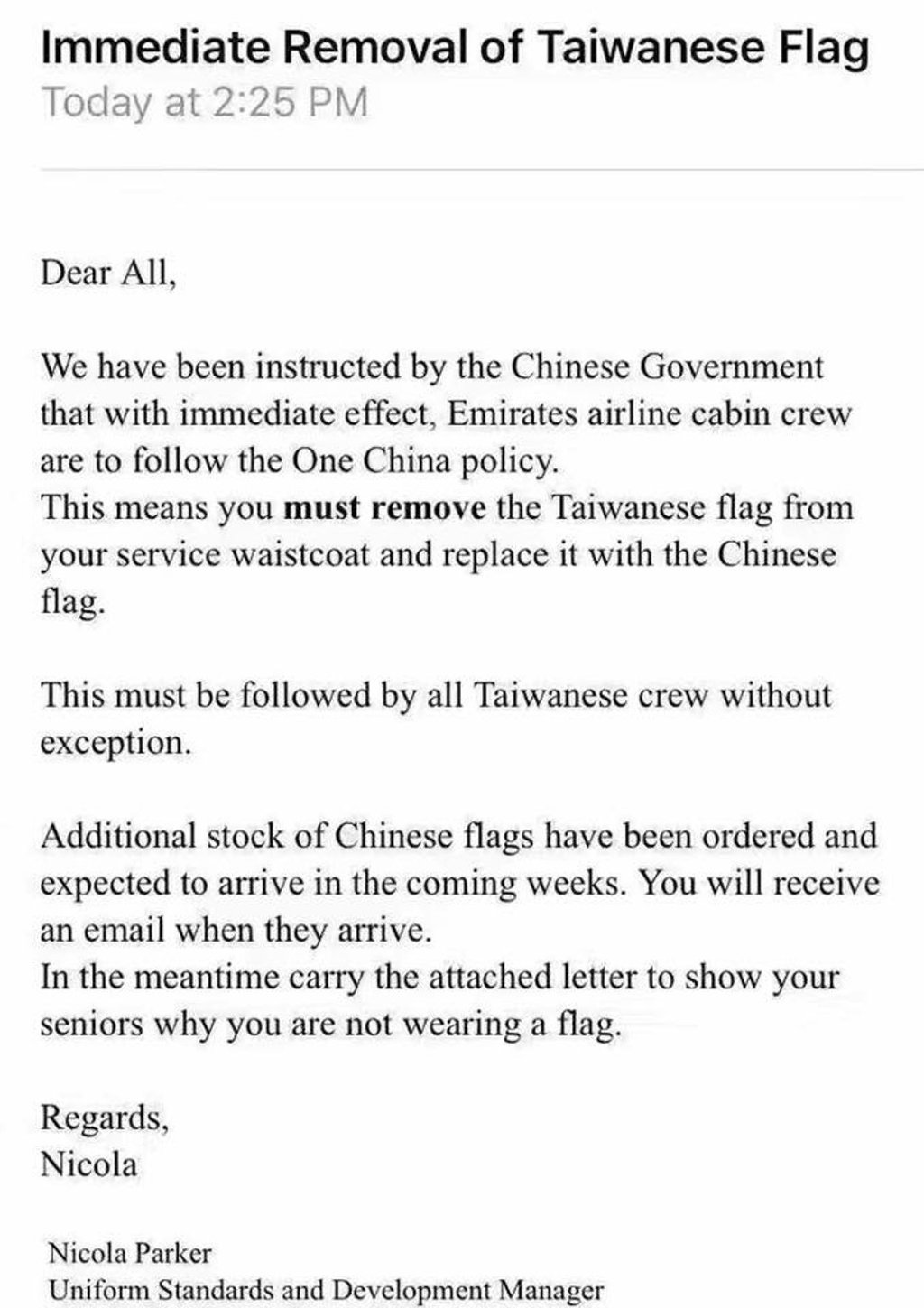 Emirates Airlines ordered Taiwanese cabin crew to drop the island's national flag from its uniform. Photo: Handout