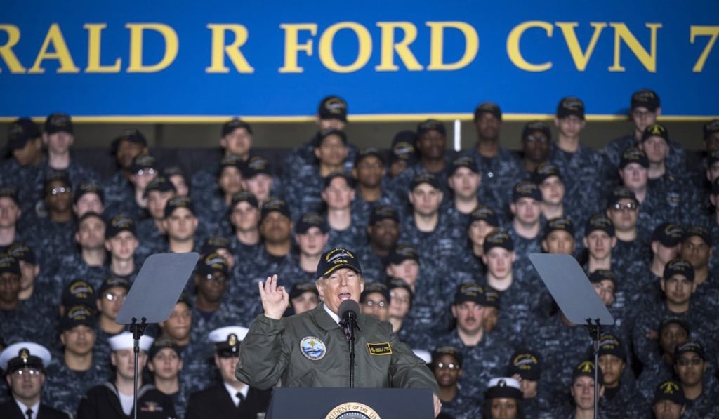 President Donald Trump speaks to Navy and shipyard personnel aboard the aircraft carrier Gerald R. Ford at Newport News Shipbuilding in Newport News, Virginia, on March 2. Photo: Washington Post / Jabin Botsford