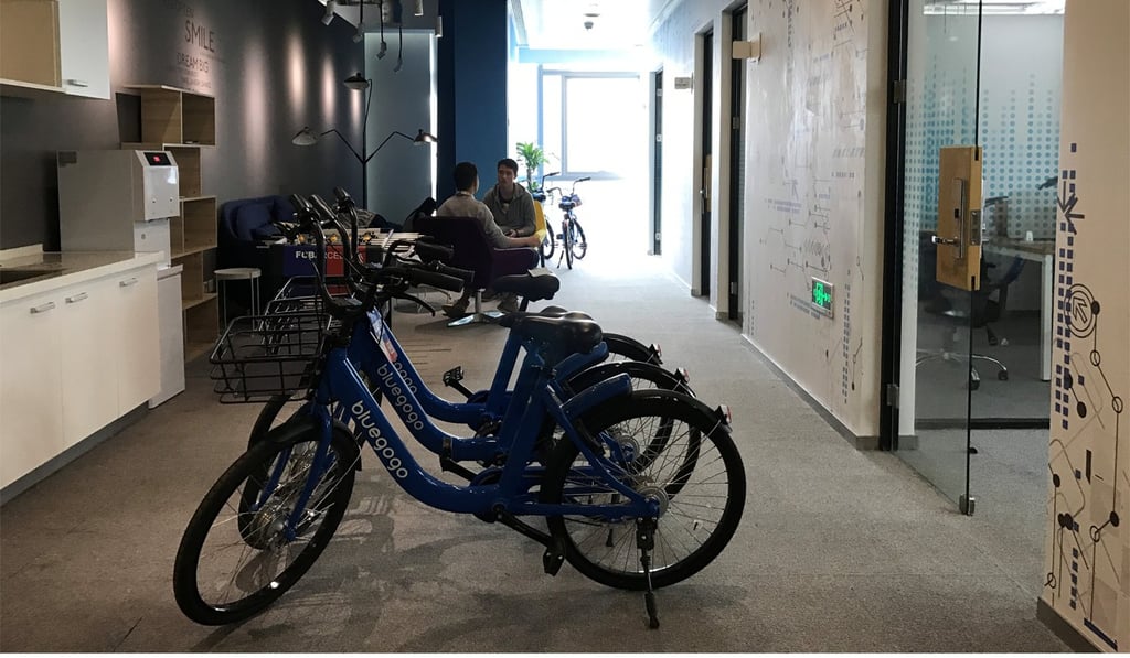 Bicycles outside the office of a bicycle-sharing start-up at a UrWork co-working space in Shenzhen, China. Photo: Reuters