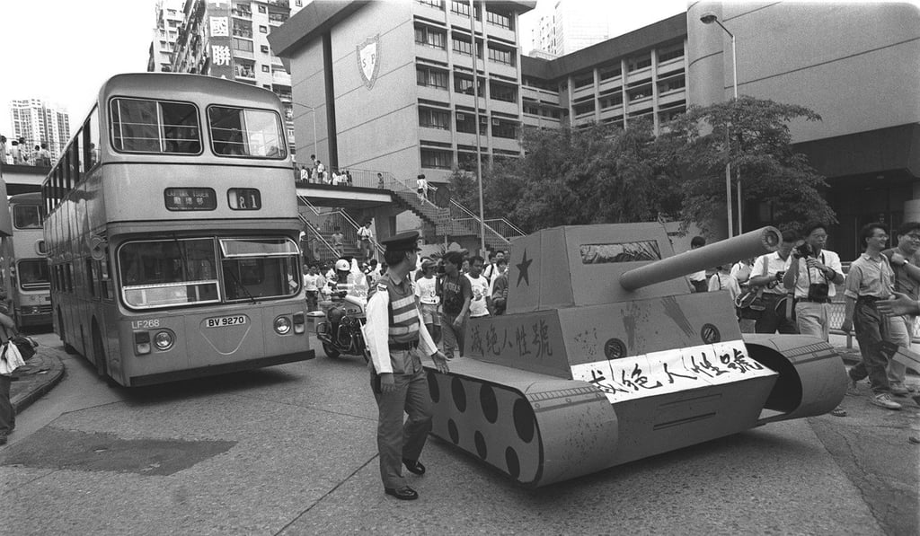 The fake tank included a fire extinguisher used to send puffs of ‘smoke’ out of the barrel. Photo: Billy Ho