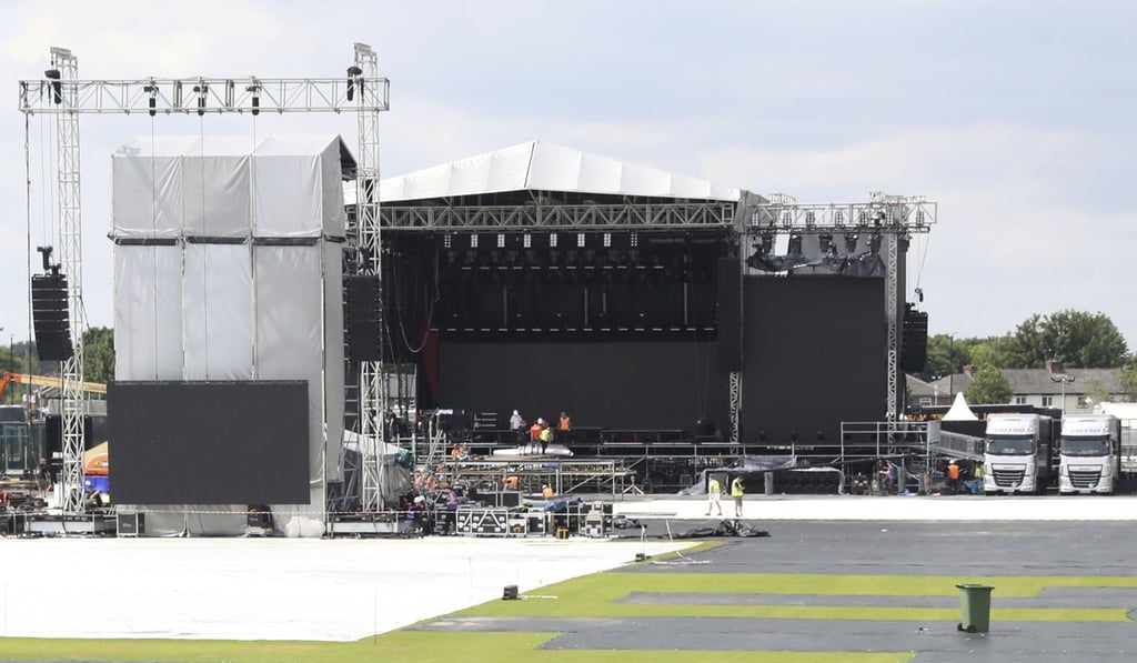 A stage is prepared at the Old Trafford cricket ground. Photo: AP