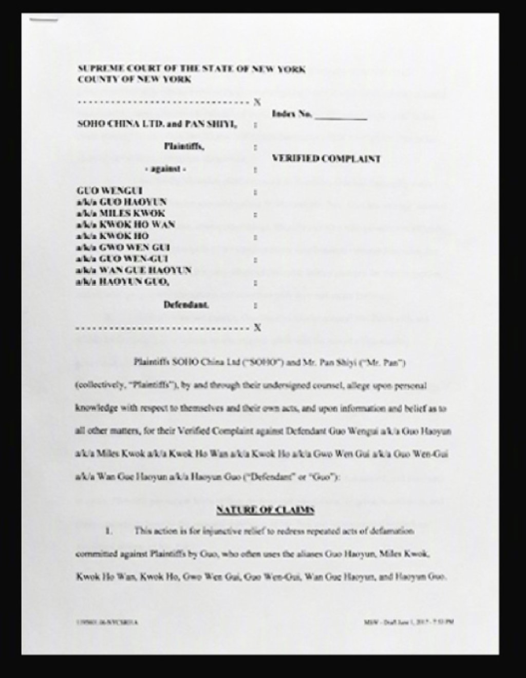 Pan Shiyi has filed a defamation suit in New York against Guo Wengui. Photo: Handout