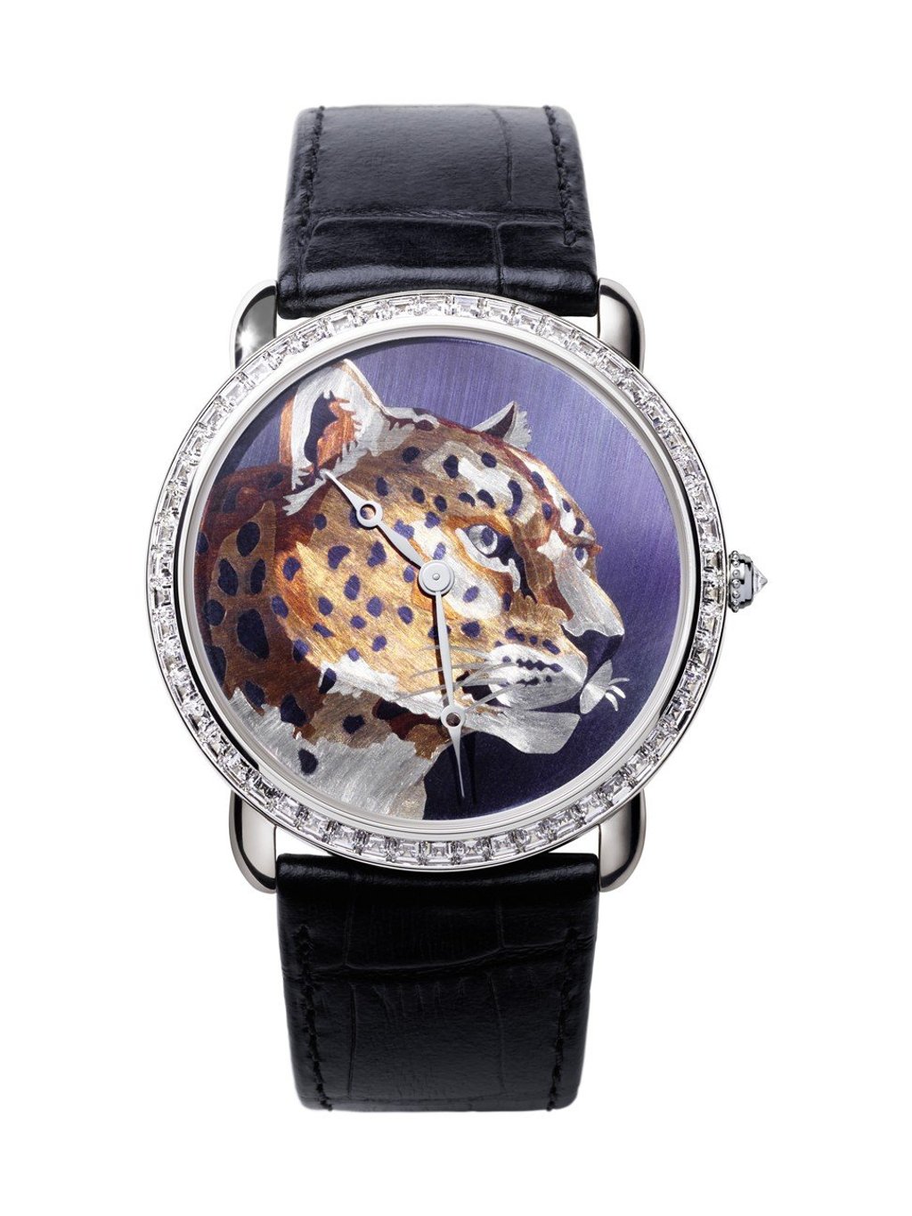 The Ronde Louis Cartier XL flamed gold watch employs a new flamed gold technique on the enamelled panther miniature painting to create a rich palette of depth. Price on request