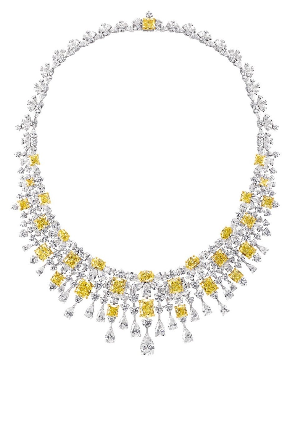 The necklace dazzles the eyes with multishaped yellow and white diamonds totalling a staggering 101.42ct. Price on request