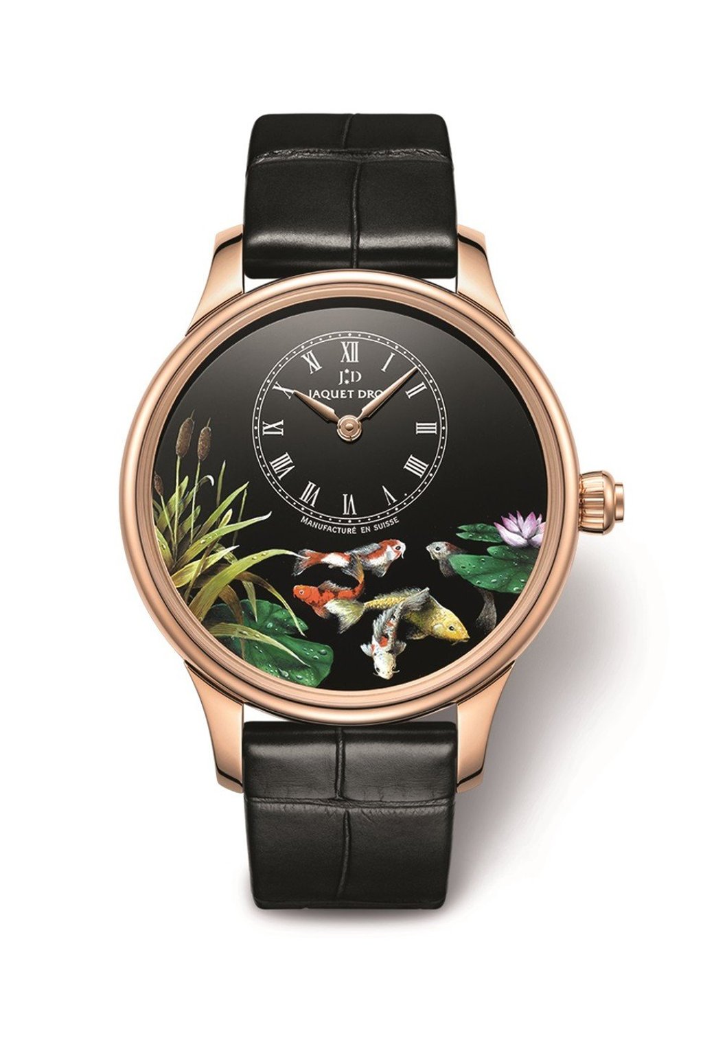 The Petite Heure Minute plays with the contrast between black Grand Feu enamel and miniature painting to showcase a vibrant depiction of symbolic creatures against a deep black background. Price on request