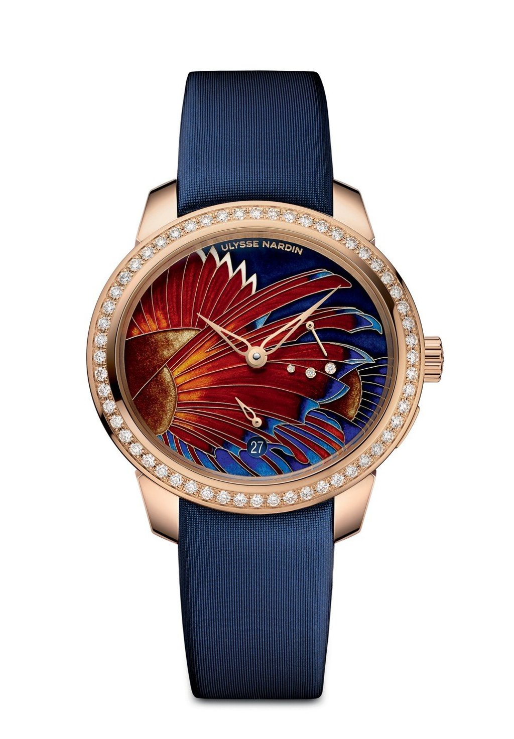 The cloisonné enamel dial of the Jade Lionfish in rose gold flaunts the delicate metalwork technique and traditional enamelling craftsmanship of the Donzé Cadrans specialists. Price on request