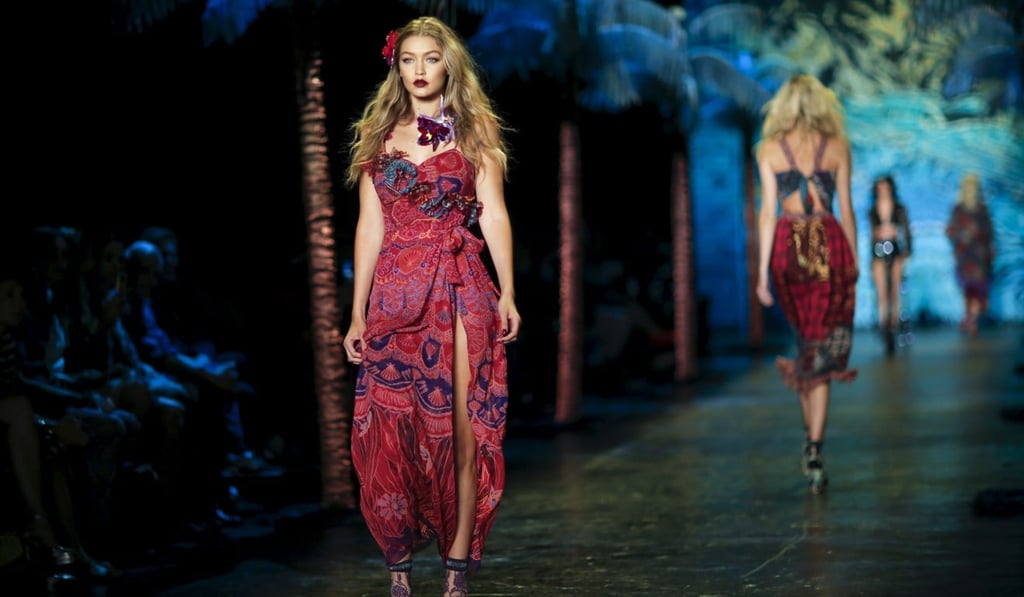 Gigi Hadid presents a creation from the Anna Sui Spring/Summer 2016 collection during New York Fashion Week. Photo: REUTERS