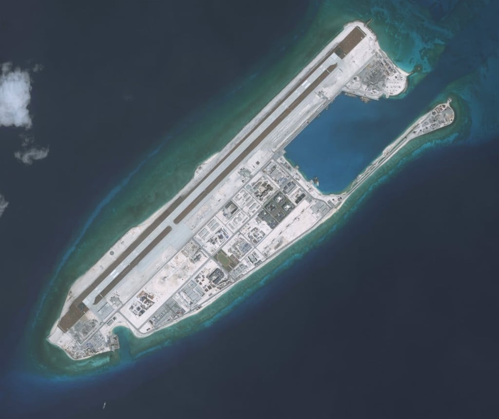 A satellite photo Fiery Cross Reef, one of China’s newly constructed airstrip and naval fortresses in the disputed Spatly Islands group. Photo: DigitalGlobe