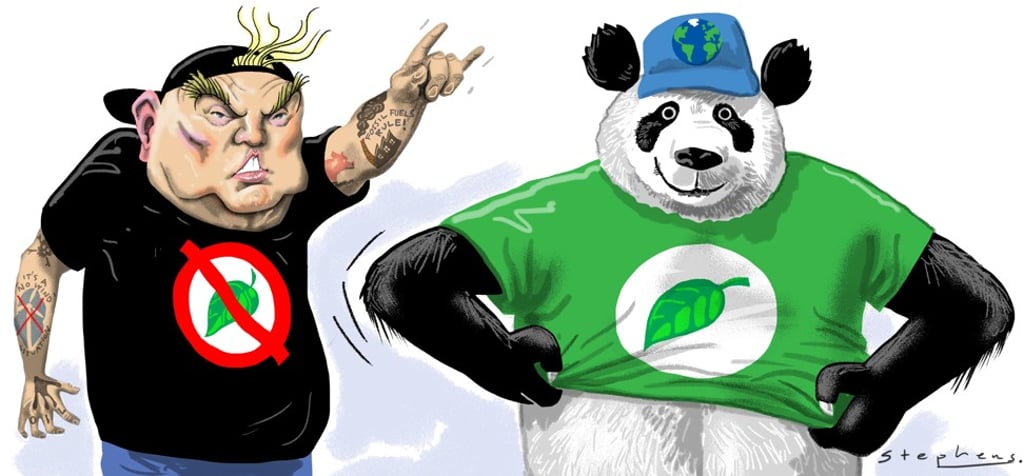 Donald Trump’s jump into isolation gives Beijing one more reason to march forward in its emerging climate leadership role. Illustration: Craig Stephens Donald Trump’s jump into isolation gives Beijing one more reason to march forward in its emerging climate leadership role. Illustration: Craig Stephens