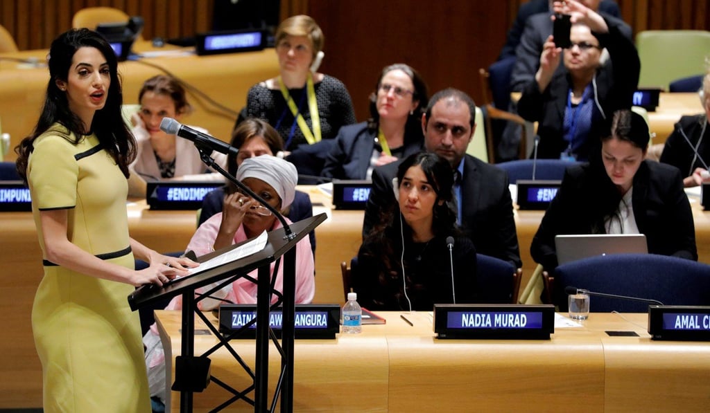 International human rights lawyer Amal Clooney addresses a ‘Bringing Da’esh to Justice’ event at United Nations headquarters in New York on March 9, 2017. Photo: REUTERS