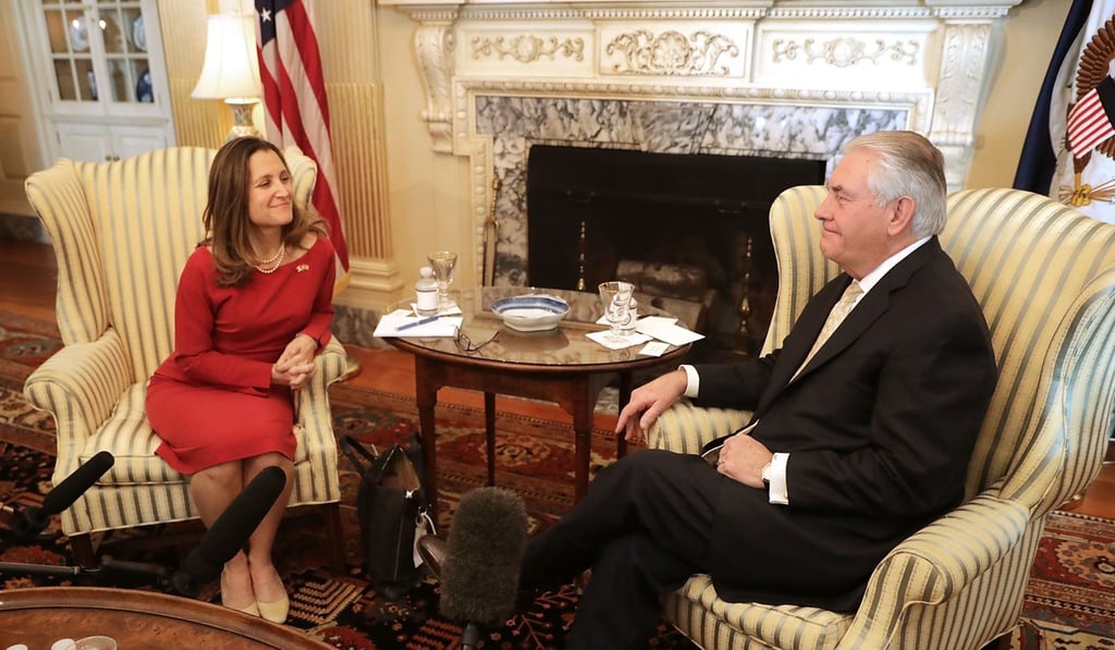 US. Secretary of State Rex Tillerson and Canadian Minister of Foreign Affairs Chrystia Freeland before meeting at the US State Department on February 8. Photo: AFP