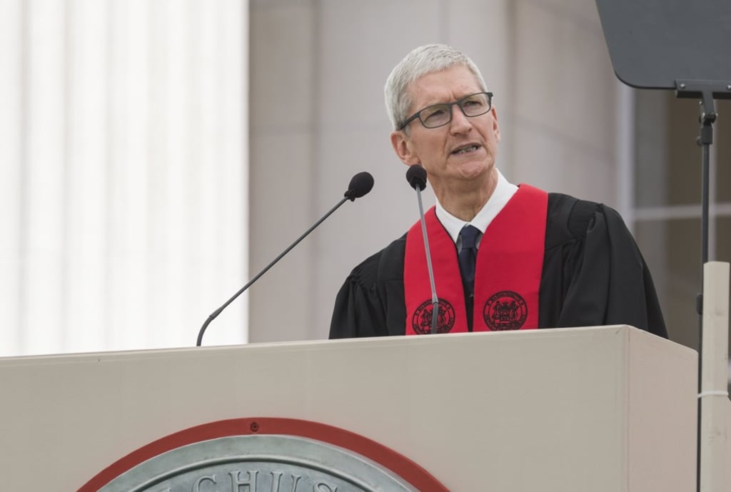 Apple CEO Tim Cook delivers the commencement address to the 2017 graduating class of the Massachusetts Institute of Technology, where he urged graduates to infuse technology with human values. Photo: EPA Apple CEO Tim Cook delivers the commencement address to the 2017 graduating class of the Massachusetts Institute of Technology, where he urged graduates to infuse technology with human values. Photo: EPA
