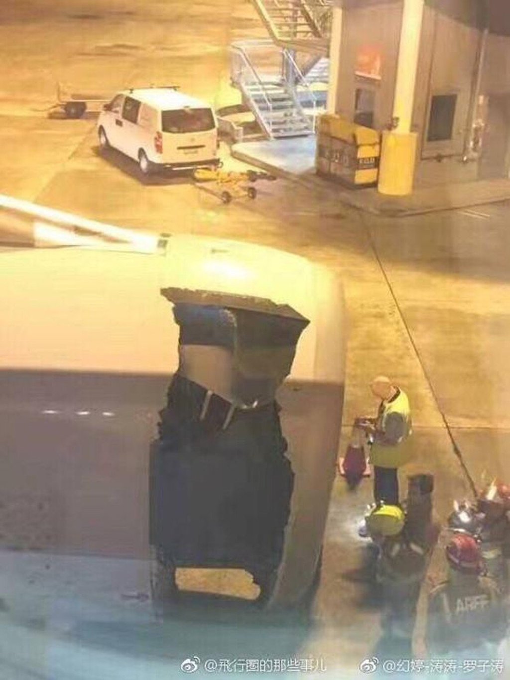 Crew noticed the tear after take-off and returned to Sydney. Photo: Handout Crew noticed the tear after take-off and returned to Sydney. Photo: Handout