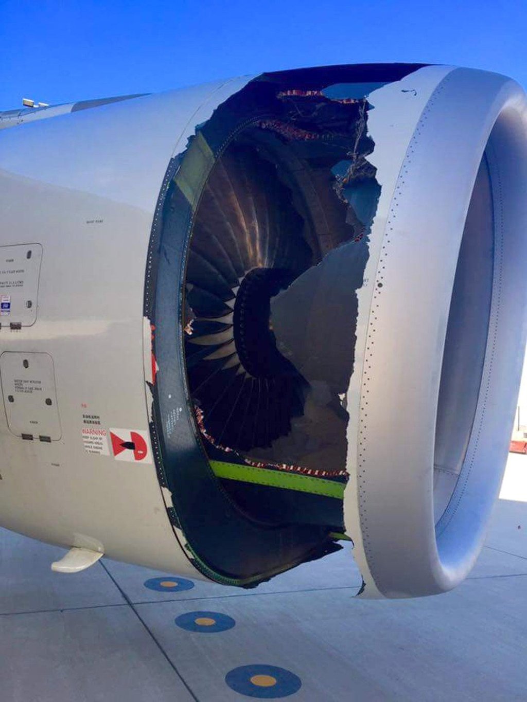 The cowling of an engine on the Airbus A330 had a massive tear. Photo: Handout