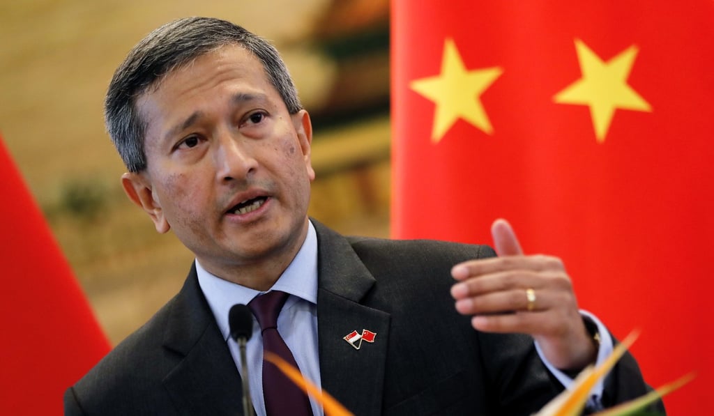 Singapore's foreign minister, Vivian Balakrishnan, speaks at a press conference with his Chinese counterpart Wang Yi in Beijing on Monday. Photo: AP
