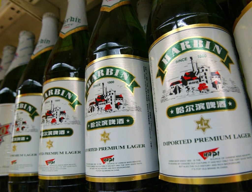 Bottles of Harbin beer are on display in a supermarket in Hong Kong. Photo: REUTERS
