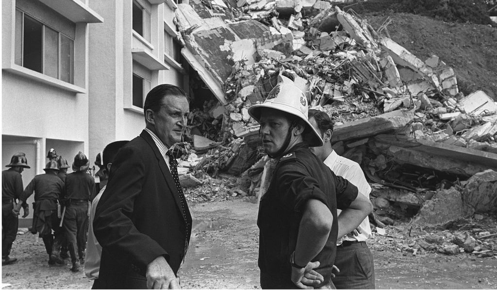 Governor Murray MacLehose at the site of the Kotewall Court collapse, in June 1972.