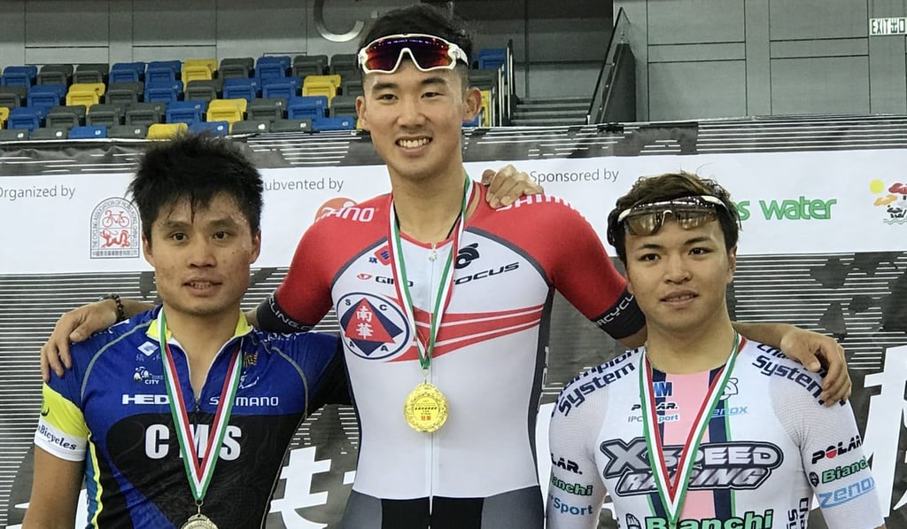Hong Kong Olympian Leung Chun-wing stands on the medal podium after winning the men's omnium at the Hong Kong Track Cycling Championships. Ko Siu-wai (left) and Leung Ka-yu came second and third.