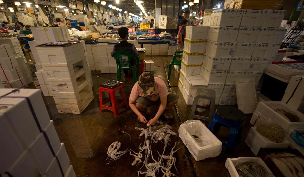 A fishmonger prepares octopus at his stall at the Noryangjin Wholesale Fish Market in Seoul. Photo: AFP A fishmonger prepares octopus at his stall at the Noryangjin Wholesale Fish Market in Seoul. Photo: AFP