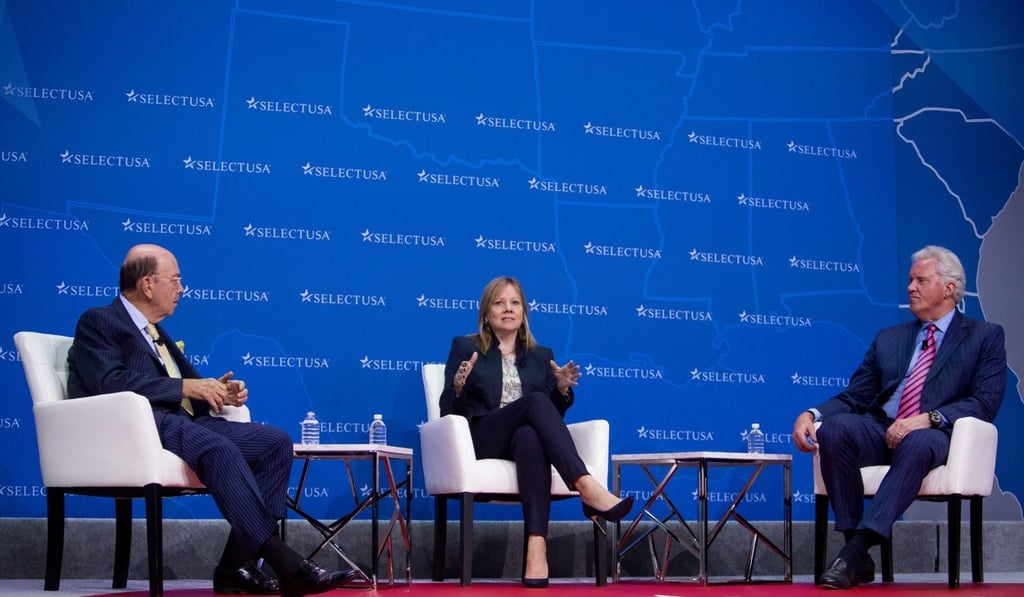 Wilbur Ross, US commerce secretary, left, with Mary Barra, chief executive officer of General Motors Corp and Jeff Immelt, chief executive officer of General Electric Co in a panel discussion at the SelectUSA Investment Summit in Oxon Hill, Maryland on Monday. Photo: Bloomberg Wilbur Ross, US commerce secretary, left, with Mary Barra, chief executive officer of General Motors Corp and Jeff Immelt, chief executive officer of General Electric Co in a panel discussion at the SelectUSA Investment Summit in Oxon Hill, Maryland on Monday. Photo: Bloomberg