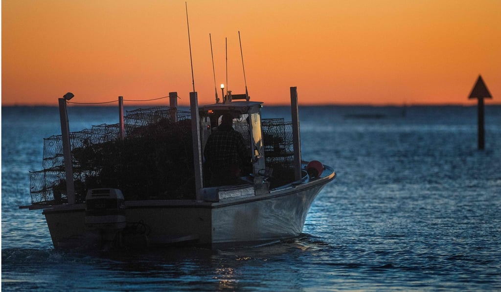 A man prepares to set crab traps as the sun rises in Tangier, Virginia, in May. Climate change and rising sea levels threaten the inhabitants of this slowly sinking island. Tangier Island has lost two-thirds of its landmass since 1850. If nothing is done to stop the erosion, it may disappear completely in the next 40 years. Photo: AFP
