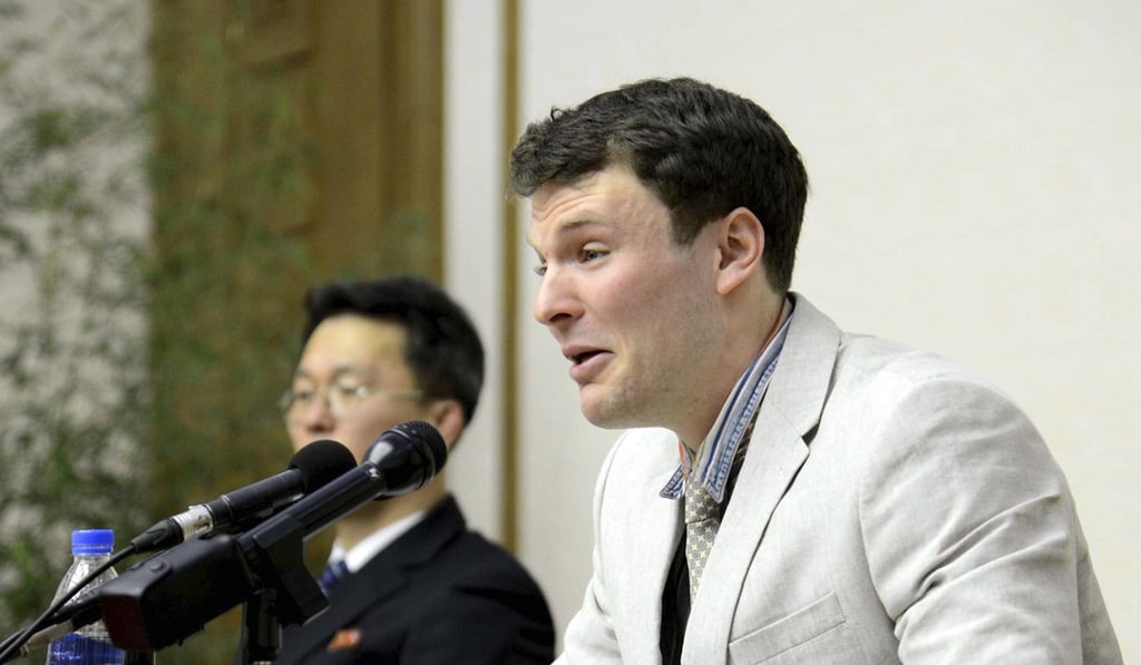 In this photo from February last year, Otto Warmbier cries while speaking to reporters in Pyongyang, North Korea. Photo: AP In this photo from February last year, Otto Warmbier cries while speaking to reporters in Pyongyang, North Korea. Photo: AP
